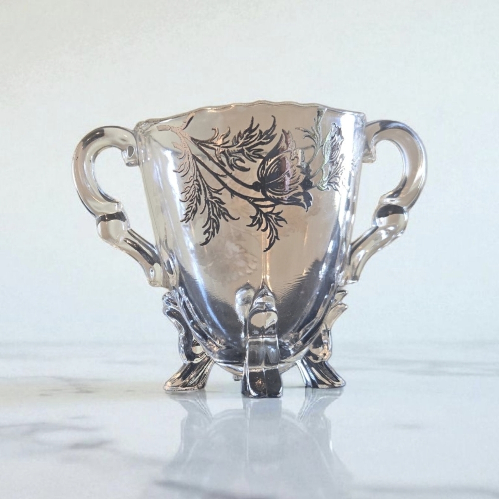 Elegant Clear Glass Sugar Bowl with Floral Design‎